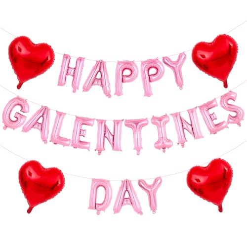 Happy Galentine's Day Party Gecorations- Pink Happy Galentines Day Balloons Banner 16inch Pink Leter Balloon Red Heart Balloons for Valentines Day Party Decorations Supplies