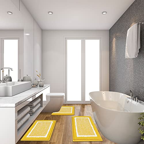 Pauwer Bathroom Sets - 3 Piece Shower Rugs with U-Shaped Contour Toilet Mat, Absorbent Microfiber Plush Bath Mats, Non Slip, Machine Washable Shaggy Floor Mats, Yellow