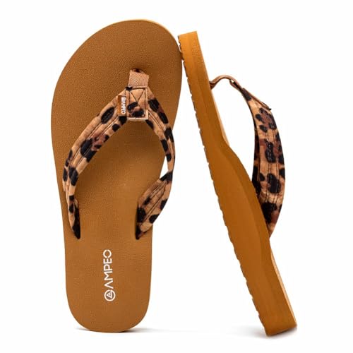 Ampeo Women's Orthopedic Arch Support Flip Flops – Soft Floral Fabric Straps, Non‑Slip Cushioned EVA Sole – Leopard Brown, Size 8