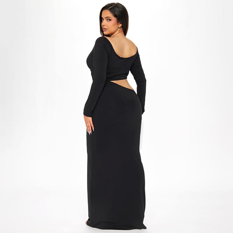 Women Sexy Hollow Out Bodycon Dress Long Sleeve Belly Cutout Maxi Long Dresses for Cocktail Party Festival Dress4