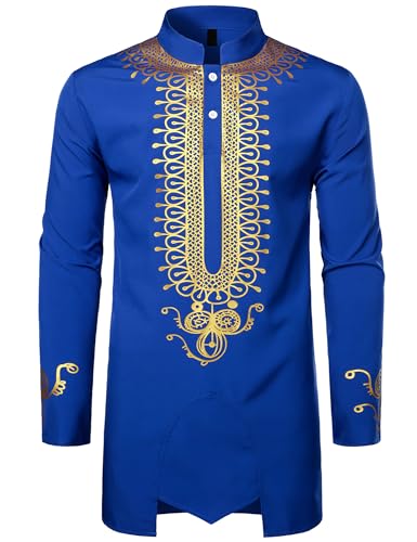 ZEROYAA Men's Traditional African Long Sleeve Dashiki Shiny Pattern Printed Dazzling Shirt Royal Blue Bead Medium