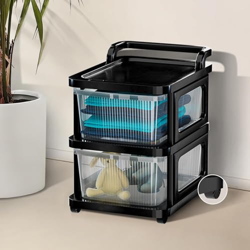 Image of URBAN LUXY Plastic Storage Drawer Organizer with Wheels | Multi-Purpose Chest of Drawers for Home, Office & Bedroom | Clothes, Toys & Stationery Organizer ((Transparent Black), 2 Layer)