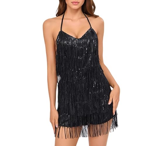 Image of Women's Sequin Fringe Romper Jumpsuit Backless Shorts Dress Sparkly Glitter Jumpsuits Disco Outfit Nightclub Party