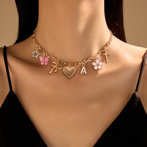 Gold Charm Necklace Initial Necklaces for Women Trendy Stuff Puffy Heart Bow Cross Butterfly Star Flower Charms Necklace Beach Vacation Essentials2