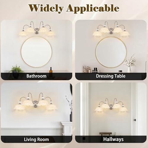 Image of Brushed Nickel Bathroom Vanity Light, 4-Light Vanity Light with Floral White Glass Shades, Brushed Nickel Wall Mount Lighting for Bathroom, Dressing Table