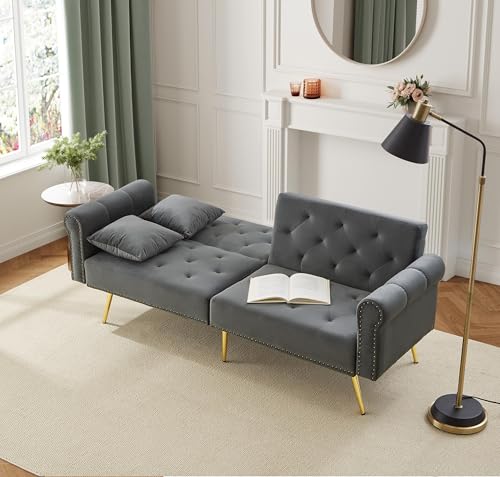 ALAMHI Modernes 2 Sitzer Sofa,Schlafsofa aus Samtbezug,Couch, Klappsofa mit Verstellbare Rückenlehne, Deluxe Sofa mit Schlaffunktion– Polstersofa für Wohnzimmer, Wohnung, Buro (Antique Gray)