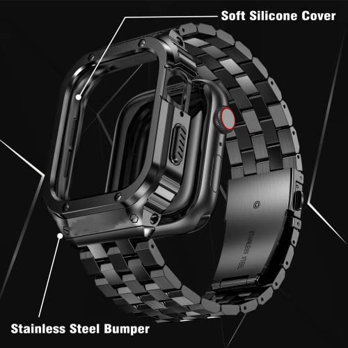 Image of SUPLINK Stainless Steel Case Bands Compatible with Apple Watch Series 11 Band /Apple Watch Series 10 Band 46mm, Metal Rugged Protective Bumper Case for iWatch Bands Men, Black