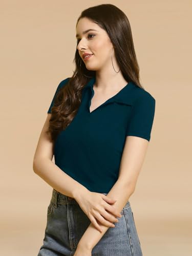 Image of Pinkmint Women's Solid Cotton Collar Neck Top ll Lycra Crop Tank T-Shirt ll Korean Trendy Half Sleeve ll Stylish Collared T-Shirt (Pack of 1)