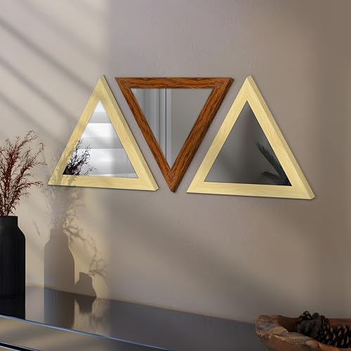 Image of Art Street Acrylic Triangle Decorative Wall Mirror Set of 3 Triangle Shape Mirror for Home Decoration, (9x9 Inch, Brown, Beige)