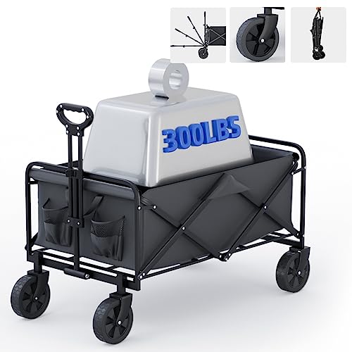 Collapsible Foldable Beach Wagon with Solid Rubber Wheels 300LBS Weight Capacity, Heavy Duty Folding Utility Wagon Carts for All Terrain Shopping,Sand,Fishing, Camping,Grass(Black) Collapsible Foldable Beach Wagon with Solid Rubber Wheels 300LBS Weight Capacity, Heavy Duty Folding Utility Wagon Carts for All Terrain Shopping,Sand,Fishing, Camping,Grass(Black)