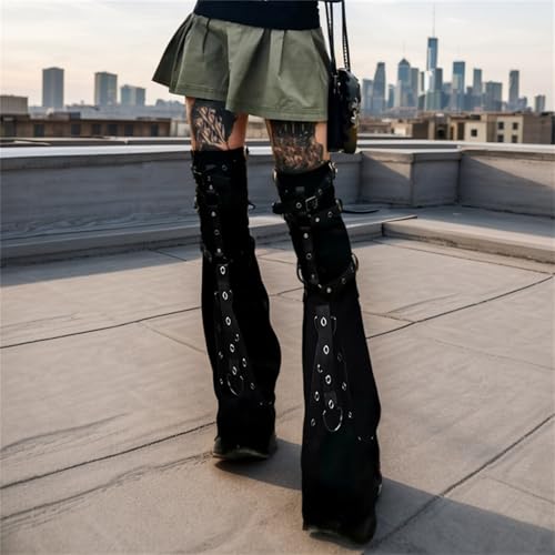 Punk Rock Flare Leg Warmers Y2k Women Long Buckle Strap Goth Grunge Emo Steampunk Rave Gothic2