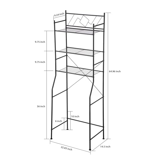 Image of Home Zone Living Over-the-Toilet Bathroom Storage Cabinet Organizer | Freestanding Steel Frame Design with 3-Tier Shelves, Wide Stabilizing Base and Adjustable Feet, Black