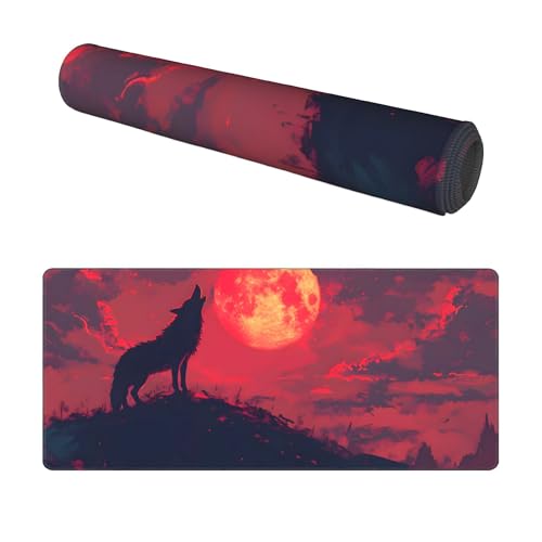 Image of Wolf Animal Red Moon Extended Gaming Mouse Pad, with Stitched Edges Large Mouse Pad Desk Protector, Rubber Base Mousepad Keyboard Mouses Mat for Work Game Office Home- 32 inch X 12 inch Inch