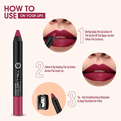 Image of Colors Queen Color It All Long Lasting Crayon Lipstick For Women | Pack of 3 & Get 1 Free | Up to 18 Hours Stay | Matte Finish | Smudge Proof (Make It Happen, Chocobar, Rich High & Smoke Red,3.5g)