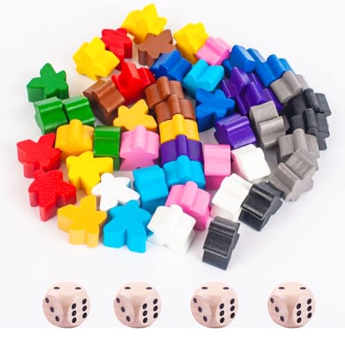 Tcnzdy 48 figuras de juego para juegos de mesa, 4 dados de madera, pequeñas figuras de madera, colores mezclados, accesorios de juego de mesa, figuras coloridas para educación temprana (12 colores
