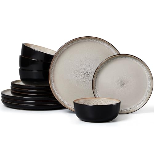 LIANYU Porcelain Dinnerware Sets, 12 Piece Ceramic Plates and Bowls for 4, Dishwasher & Microwave Safe Stoneware Dishes Set, Chip and Scratch Resistant Kitchen Dishware Set, Tidal Khaki