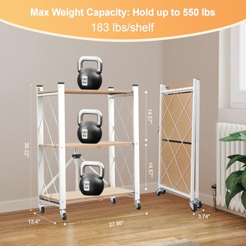 Image of 3 Tier Folding Shelf with Wheels, Metal Steel Collapsible Shelves | No Assembly, Portable Folding Storage Shelves, Rolling Standing Utility Rack for Kitchen, Office, Bedroom, Natural