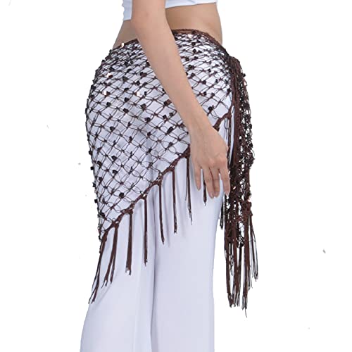 Whitewed Crochet Net Belly Dance Hip Shawl Scarf with Square Sequins & Fringe2