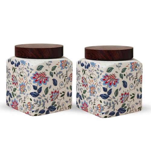Image of Vistas 'Blue Bloom' Square Airtight 400ml Set of 2 Ceramic Jar for Kitchen Storage | Handcrafted Ceramic Barni with Wooden Lid | Multipurpose Pickle, Spice & Salt Container