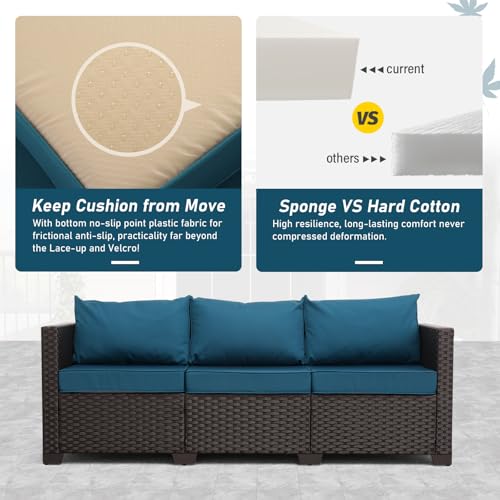 Valita Patio Furniture 3-seat Sofa Brown Wicker Outdoor Furniture Outdoor Couch Deep Seat High Backrest Waterproof Cover Anti-Slip Washable Cushions, Peacock Blue