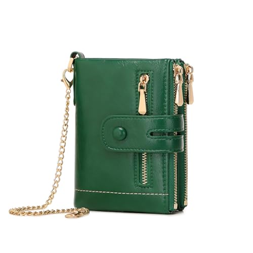 Image of AOXONEL Wallets for Women Small Rfid Bifold Leather Ladies Wallet,Travel Billfolds Medium Size Card Holder with Removable Wristlet Chain,Multi-Card Slots,ID Window,Double Zipper Coin Pocket (Green)