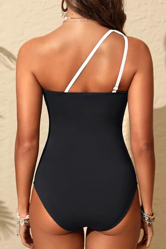 Image of Womens One Shoulder One Piece Swimsuit Mesh Ruched Tummy Control Swimwear | Full Coverage Bottom, Adjustable Strap Custom Fit, Removable Cups, Cutout Mesh Inserts, Slimming Ruched Effect, Vacation