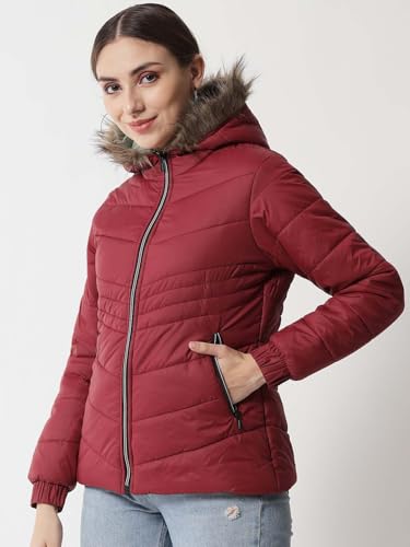 Image of KOTTY Women's Full Sleeve Zipper Fur Hooded Neck Puffer Jacket