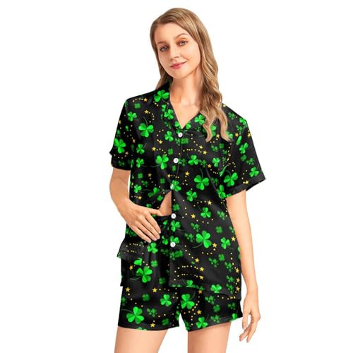 Image of Silk Satin Pajama Set for Women Summer Lounge Pjs Sets 2 Piece Suit Ladies Button Down Tops And Shorts Sleepwear