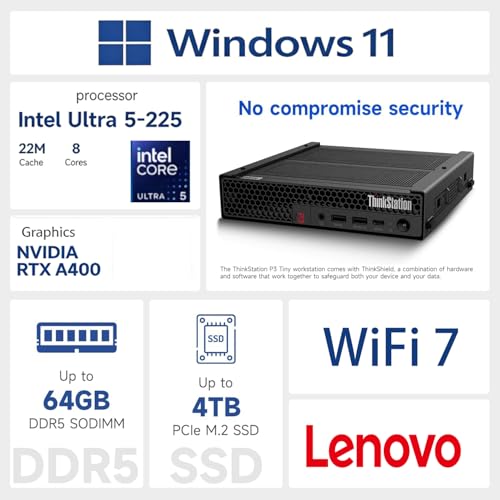 Image of Lenovo ThinkStation P3 Tiny Desktop Computer | Intel Core Ultra 5 CPU (10 Cores, Up to 4.9GHz) | 32GB DDR5 RAM, 2TB SSD | NVIDIA RTX A400 Graphic (4GB GDDR6 RAM) | WIFI7 | Dual 4K Display Support