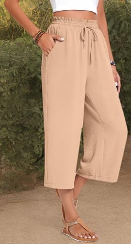 Image of Anyhold Women's Capri Pants Drawstring Casual Palazzo Trousers with Pockets Loose High Waisted Wide Leg Lounge Pants