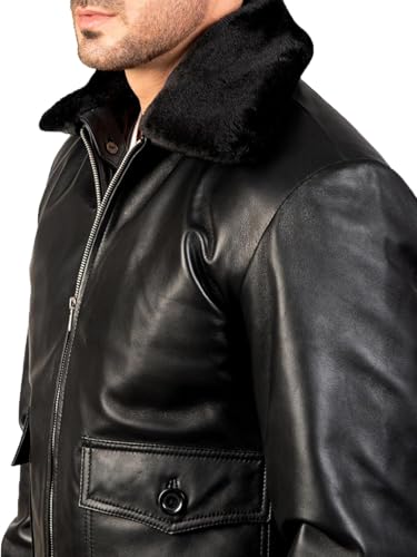 Mens Fur Collar Leather Jacket - Aviator Bomber Leather Jacket - Winter Bomber Black Lambskin Leather Jacket3