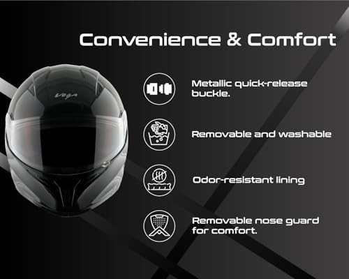 Image of Vega Breeze Dx ISI Certified Full Face Motorcycle Helmet with Impact Resistant ABS Shell High Density EPS Liner Scratch Resistant Visor Quick Release Buckle Comfortable Inner Padding Black Helmet-M