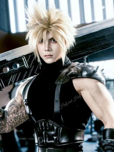 Image of Half and Half Short Blonde Anime Cosplay Wig for Men Blonde Game Male Wigs Fluffy Layered Hair Wig for Halloween Party Daily Costumes