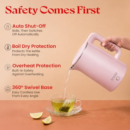 Image of Tesora by Cook with Parul Electric Kettle, 1.8L, 12 Recipes Book Included, 1500W, 100% Stainless Steel Inner Body, Auto Shut-Off, Boil-Dry & Overheat Protection, Cool Touch Double Wall (Pink)
