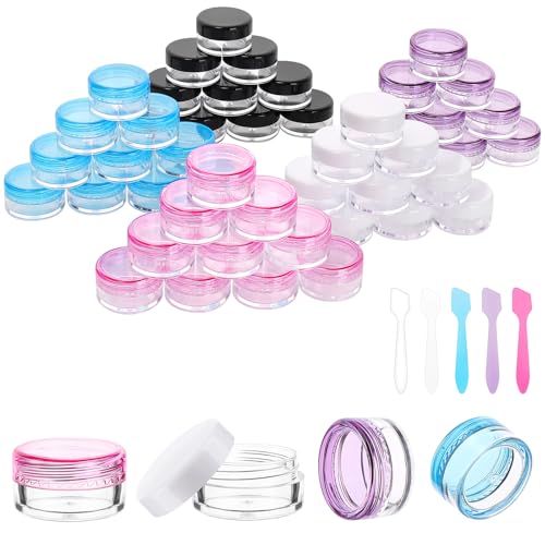 Accmor Sample Containers with 5 Pcs Spatulas, 50 Count 0.18Oz (5 Gram) Lip Balm Containers with Lids, Mini Makeup Sample Pot Jars Round Cosmetic Storage for Lip Balms, Lotion, Powder, Beauty Products