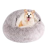 Coffee Round Hooded Cat & Dog Bed - Cave Cover, Faux Fur Cuddler, Self Warming Donut Bed, Fits up to 12 lbs Pets (20' x 20')