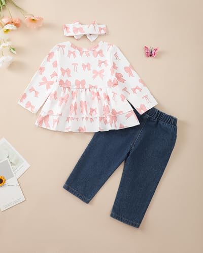 Image of Baby Girl Clothes Toddler Girls Winter Outfits Infant Clothing Ruffle Top Denim Pants Jeans Cute Fall Outfit Set