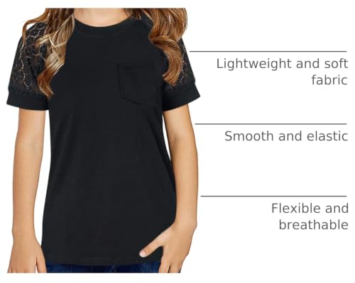 Image of Girls Summer Short Sleeve Shirts Lace Casual Cute Crew Neck Solid Color Blouses Tops Sizes 6-15 Years