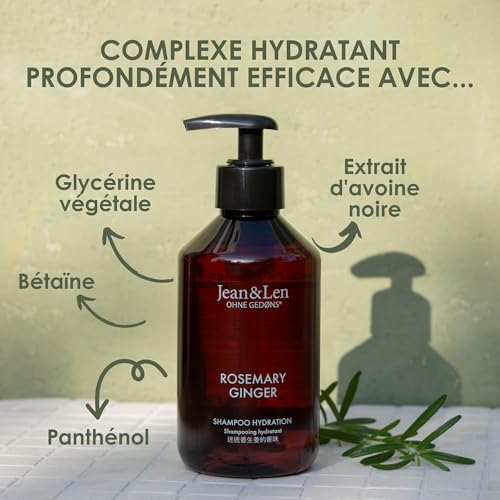 Jean & Len Shampooing hydratant Rosemary & Ginger, pour cheveux secs et cassants, avec complexe hydratant, parfum frais et épicé de romarin et de gingembre, sans parabènes ni silicones, 300 ml – Image 4