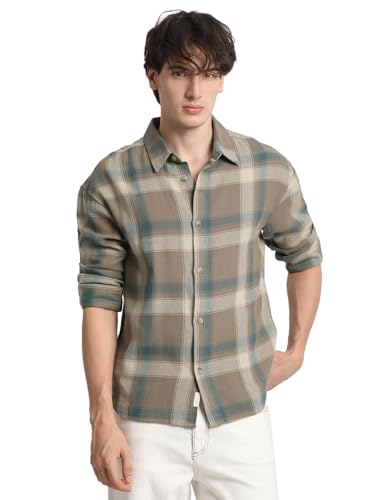 Image of THE BEAR HOUSE Men's Brown Checked Relaxed Fit Cotton Casual Shirt
