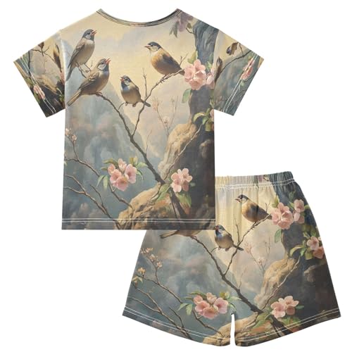 ALAZA Bird Flower Blossom Mountain Pajamas Set Short Sleeve Cotton Sleepwear Summer Pjs 2 Piece 5-14Y2