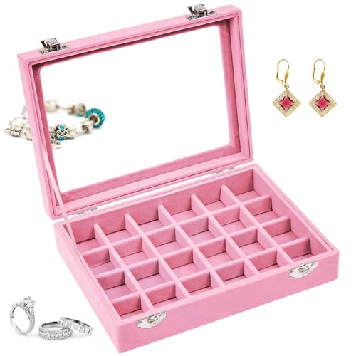 AMJKEJI Scatola Portagioie con 24 Scomparti, Contenitore in Velluto per Gioielli, Griglie Regolabili Jewelry Organizer per Gioielli, Orecchini, Anelli, Collane, Bracciali (Rosa)