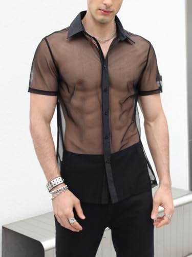 Verdusa Men's Sheer Mesh Button Up Shirt See Through Short Sleeve Top4
