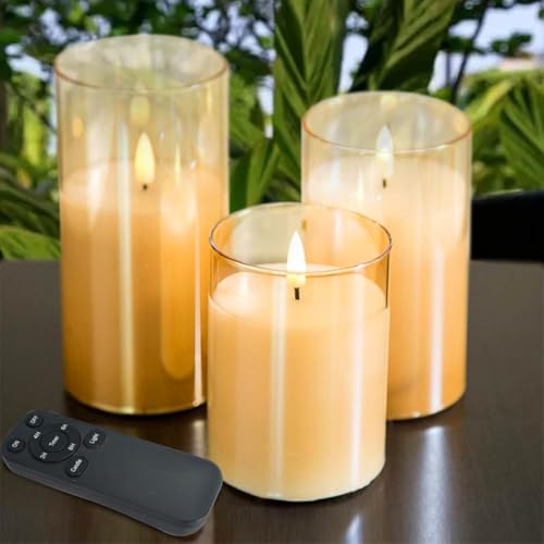 Image of CANDLE CHOICE Real Wax Battery Operated Flameless Pillar Candles with Auto Timer Gold Glass Shell Realistic Black Wick Flickering Electric LED Lights for Wedding Halloween Christmas Decorations 3 Pack