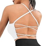 Vertvie Damen Sport BH Gepolstert Crossback Yoga Sports Bra Spaghettiträger Rücken Verkreuzt Gerippt Bustier Ohne Bügel Atmungsaktiv BH mit Abnehmbaren Cups(Weiß,S)