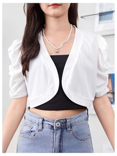 OYOANGLE Girl's Puff Short Sleeve Cropped Cardigan Open Front Bolero Shrug Cardigans4
