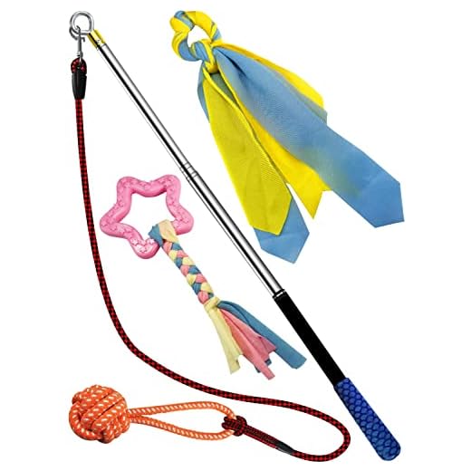 Interactive Toy Flirt Pole for Dogs, - Telescopic Teaser Wand for Small Medium Large Breed Dogs, - Long Tail Heavy Duty Fishing Rope Toys Replacement for Puppy Outdoor Exercise & Training Pitbull