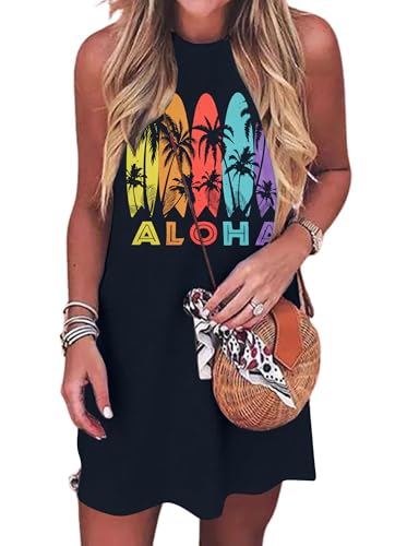 Image of MYHALF Summer Tank Dress for Women Sleeveless Beach Vacation Sundress Short Coconut Tree Sun Dress Casual Coverup