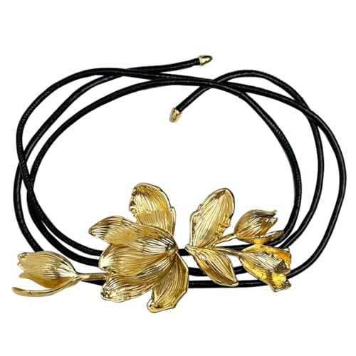Golden Tulip Flower Belt with Skirt Jeans Decorated with Black Leather Rope Thin Waist Chain Women's Waist Chain Belt