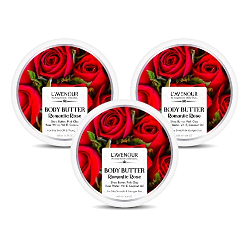 Image of L'avenour Romantic Rose Body Butter for Dry Skin for Women & Men with Shea Butter, Rose Water and Vitamin E | Quick Absorbing & Non-Greasy Rose Moisturizer - 200ml (Pack of 3)